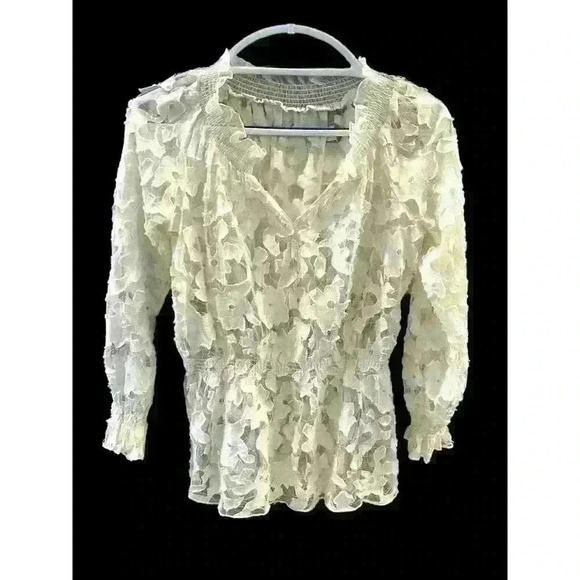 Lace Boho Ivory Floral Women’s Long Sleeve Top Ruffle Neckline Elasticized Waist - Picture 2 of 9